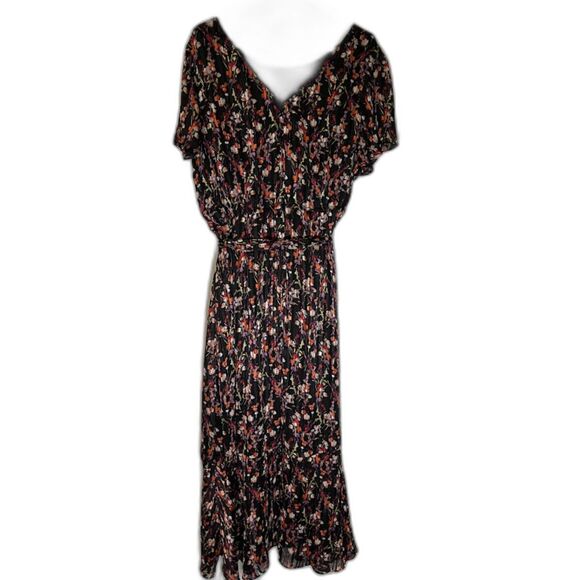 Lane Bryant 20 Black Metallic Floral Hi-Lo Dress V-Neck Ruffle Flutter Slve Belt - Picture 1 of 4